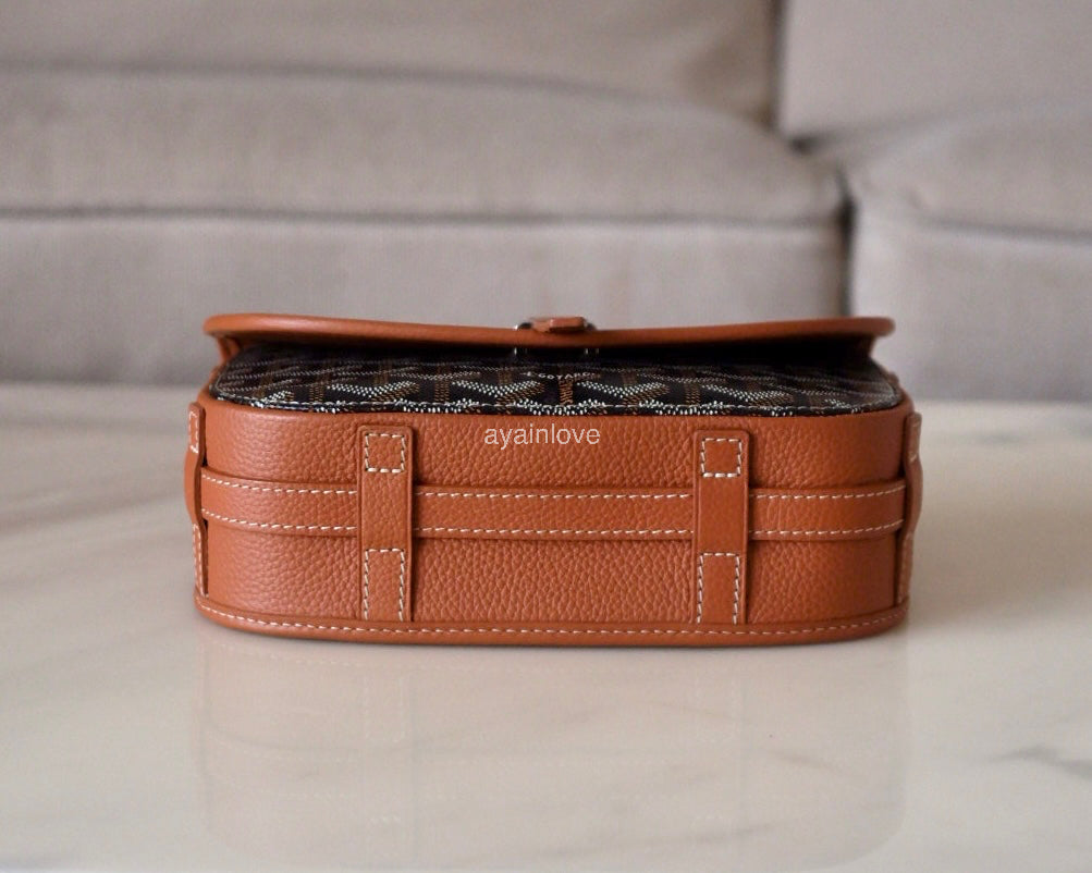 GOYARD Belvedere PM Goyardline Canvas/Calfskin Tan Black Messenger Bag Silver Hardware