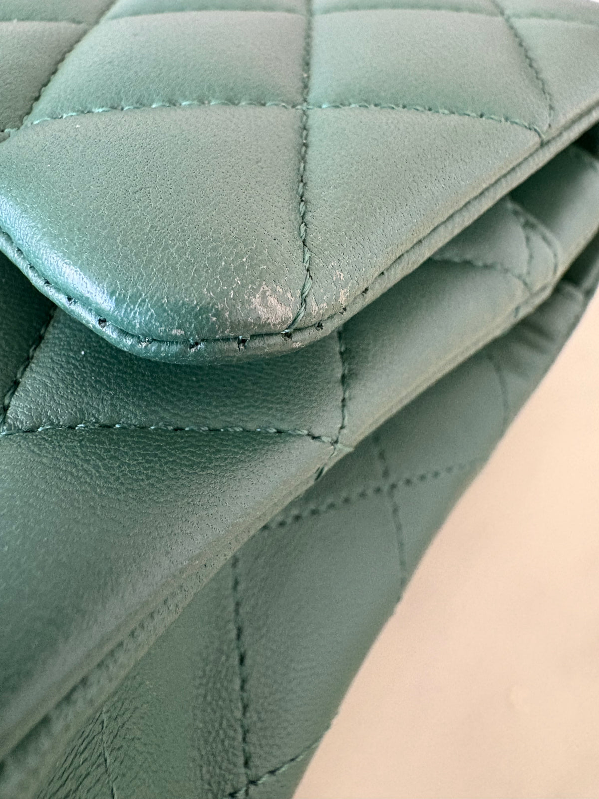 CHANEL Dark Green Lambskin Medium/Large Classic Flap Silver Hardware