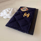 CHANEL 18A Charming Navy Blue/Burgundy Wool/Calfskin Flat Card Holder Oversized CC Gold Hardware