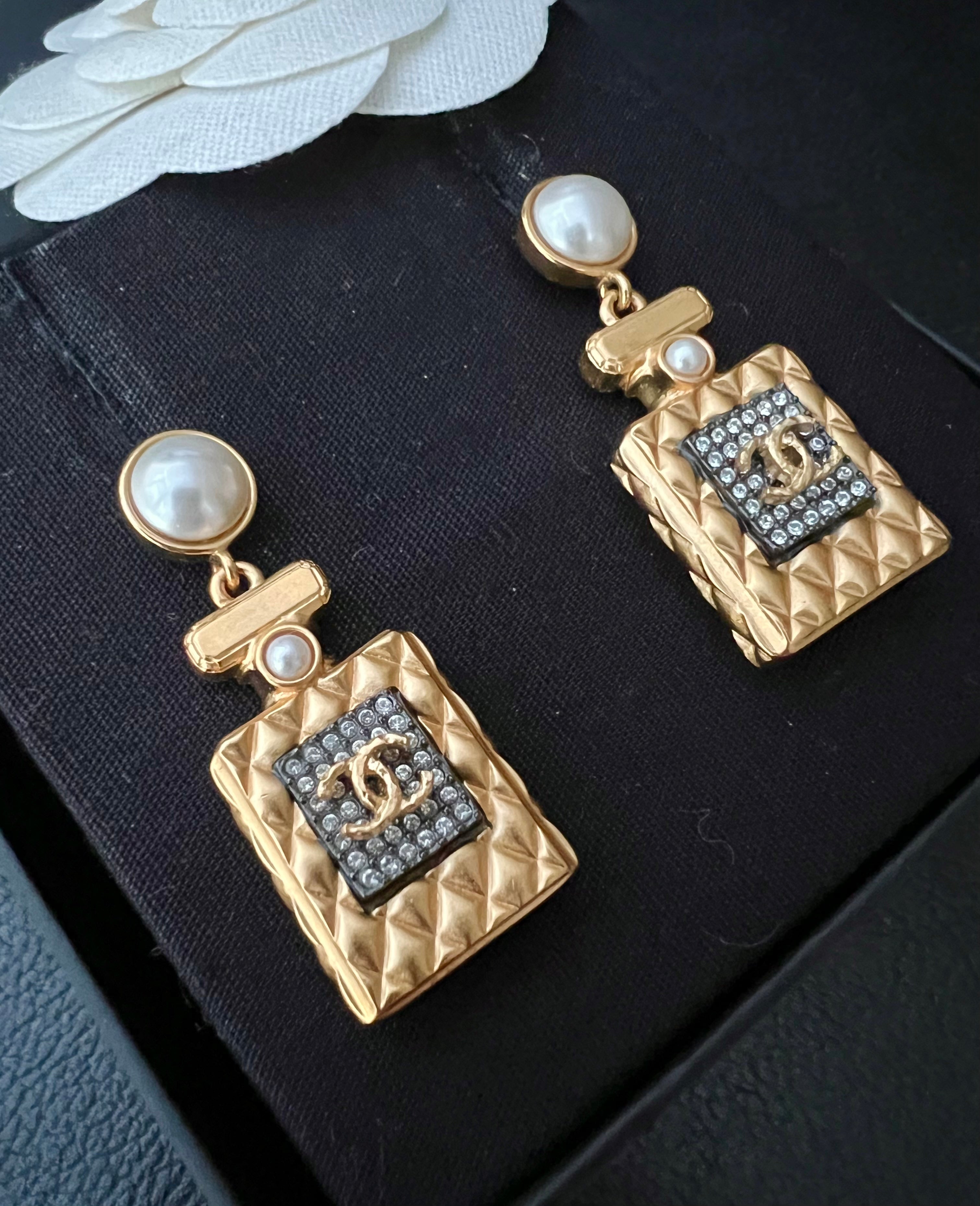 CHANEL 20A Perfume Bottle Pearl CC Drop Earrings Gold Hardware AYAINLOVE CURATED LUXURIES