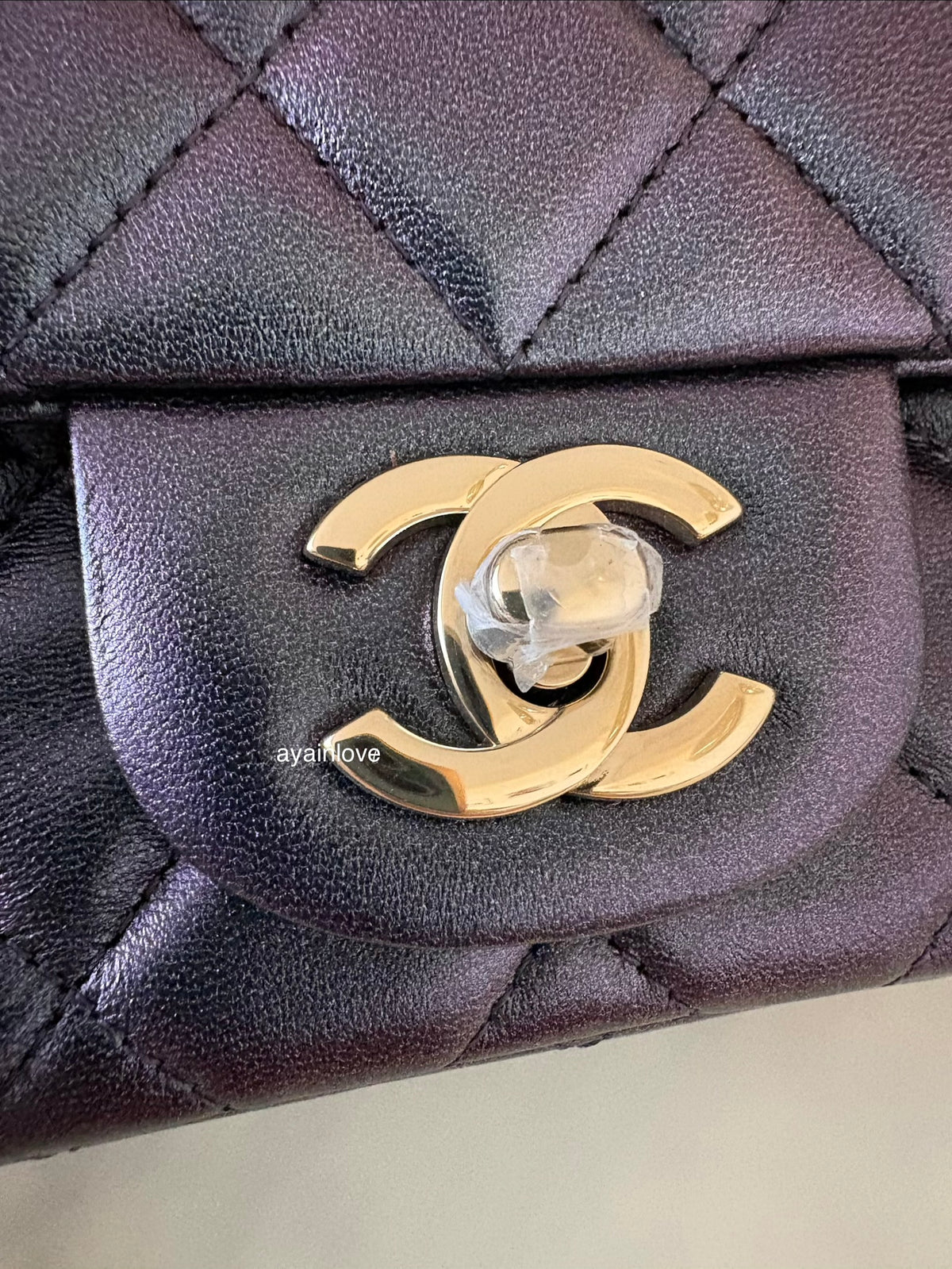 CHANEL 22B Iridescent Black (Purple Mermaid Undertone) Calfskin Square Mini Bag Light Gold Hardware