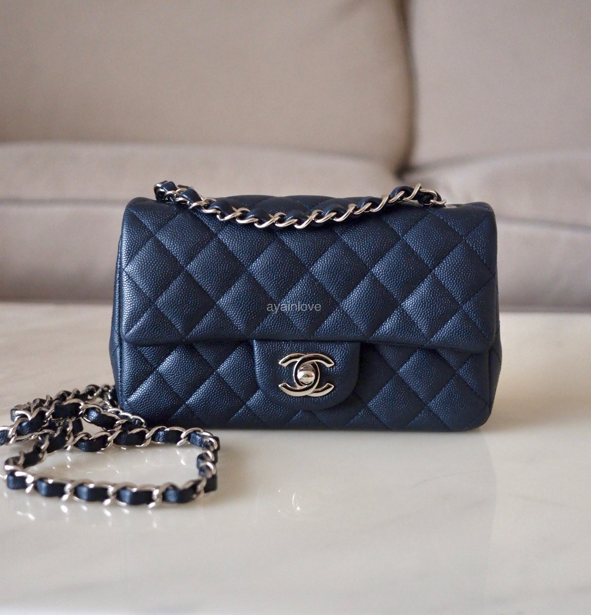CHANEL 18B Navy Blue Caviar Quilted Rectangular Mini Flap Bag Silver Hardware
