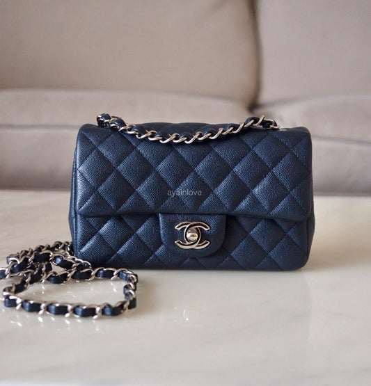 CHANEL 18B Navy Blue Caviar Quilted Rectangular Mini Flap Bag Silver Hardware