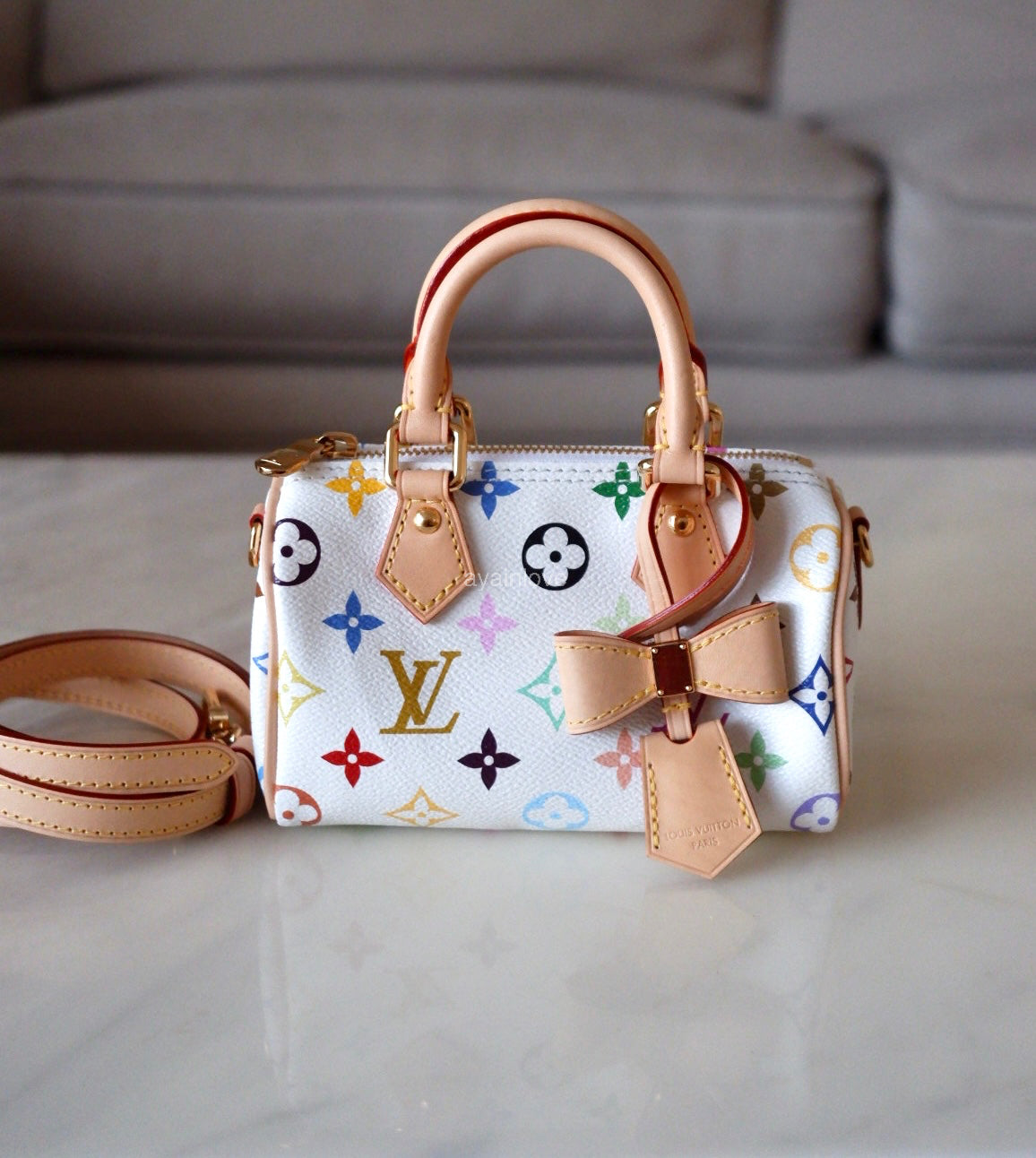 LOUIS VUITTON LV x TM White Multicolour Murakami Nano Speedy Gold Hardware