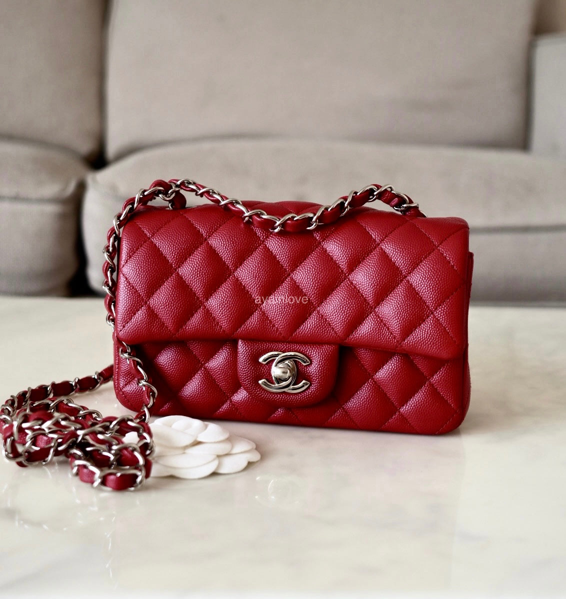 CHANEL 17B Red Caviar Quilted Classic Rectangular Mini Silver Hardware