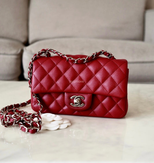 CHANEL 17B Red Caviar Quilted Classic Rectangular Mini Silver Hardware