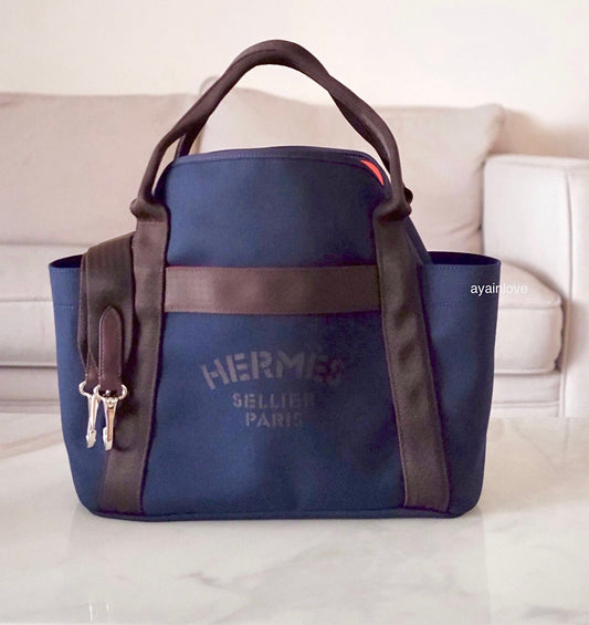 HERMES Grooming Canvas Navy Blue Brown Orange Bag Palladium Hardware D Stamp