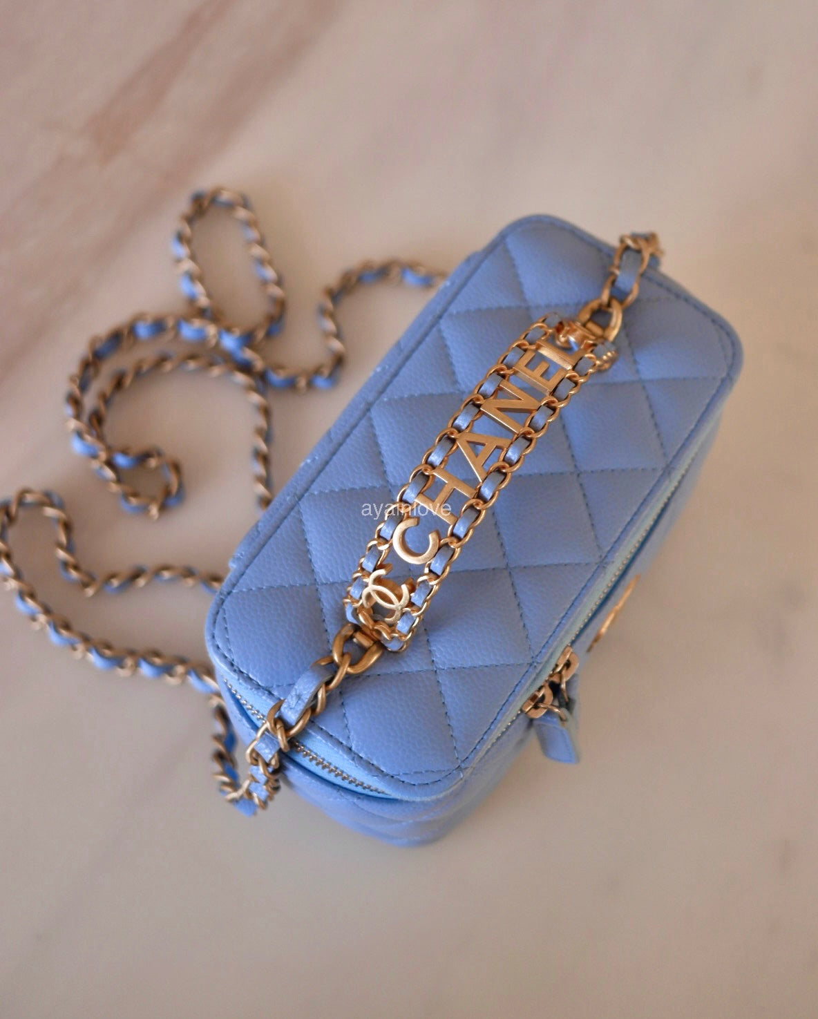 CHANEL 22S Pick Me Up Blue Caviar Top Handle Script Vanity Gold Hardware