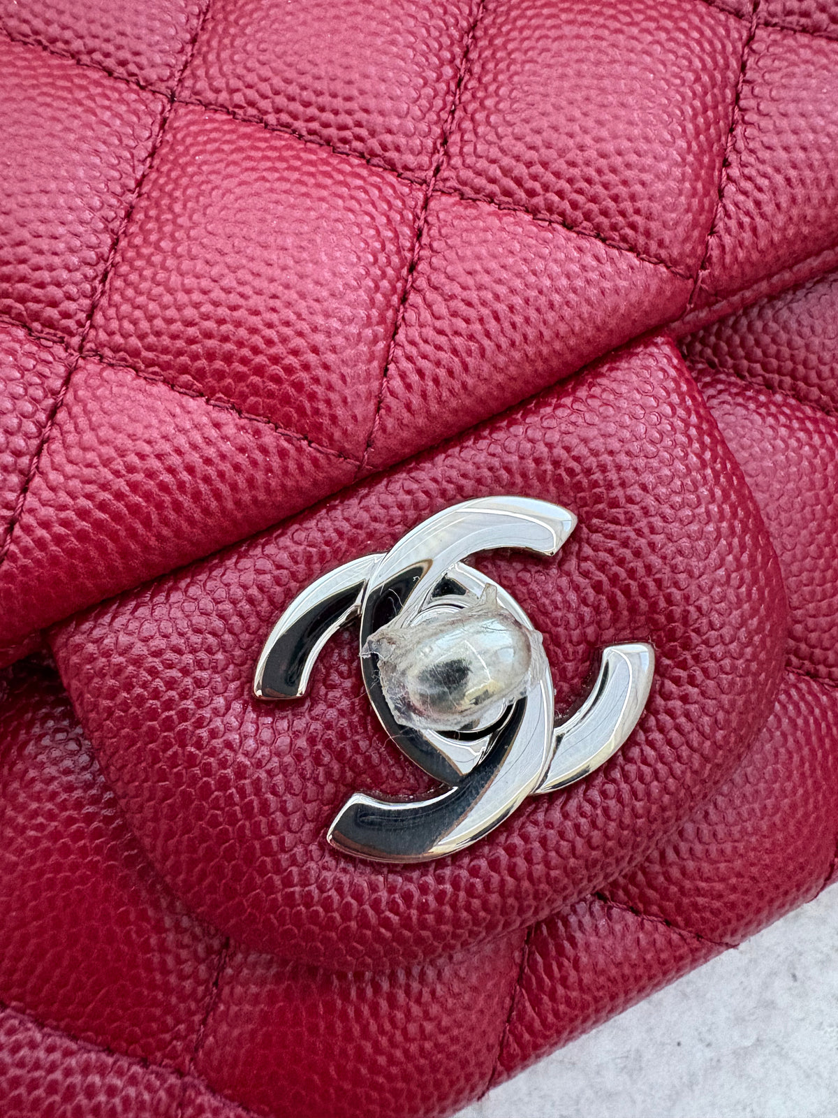 CHANEL 17B Red Caviar Quilted Classic Rectangular Mini Silver Hardware