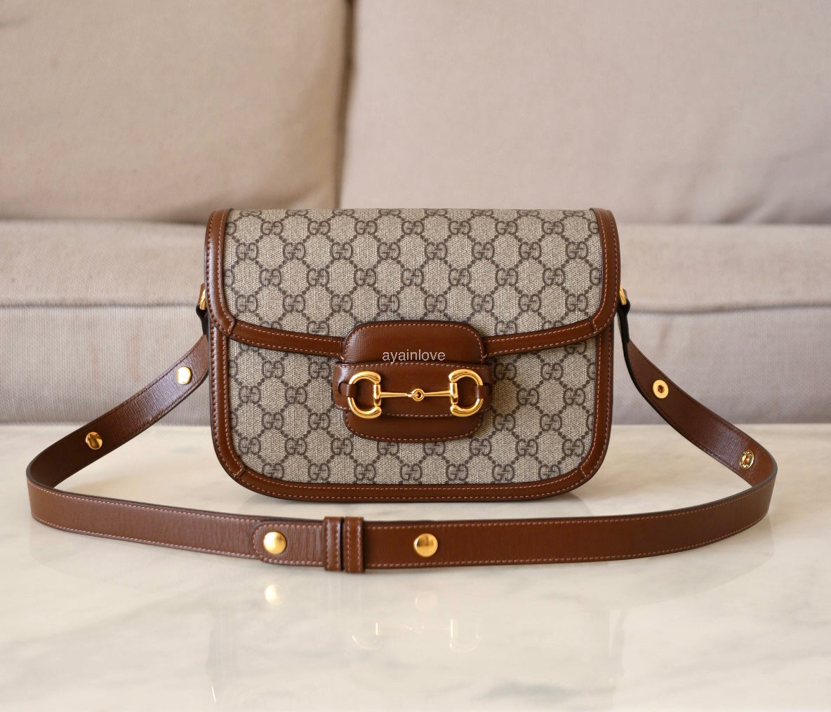 Gucci Horsebit 1955 Medium Brown GG Supreme Monogram Bag Gold Hardware