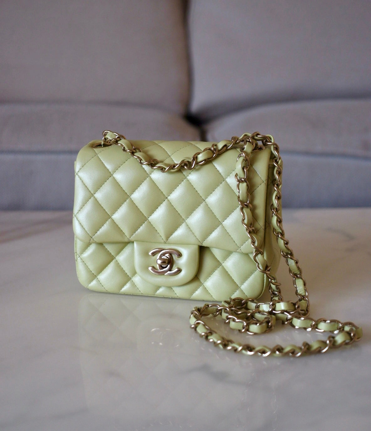 CHANEL 23C Light Green Microchipped Classic Quilted Square Mini Flap Bag Light Gold Hardware