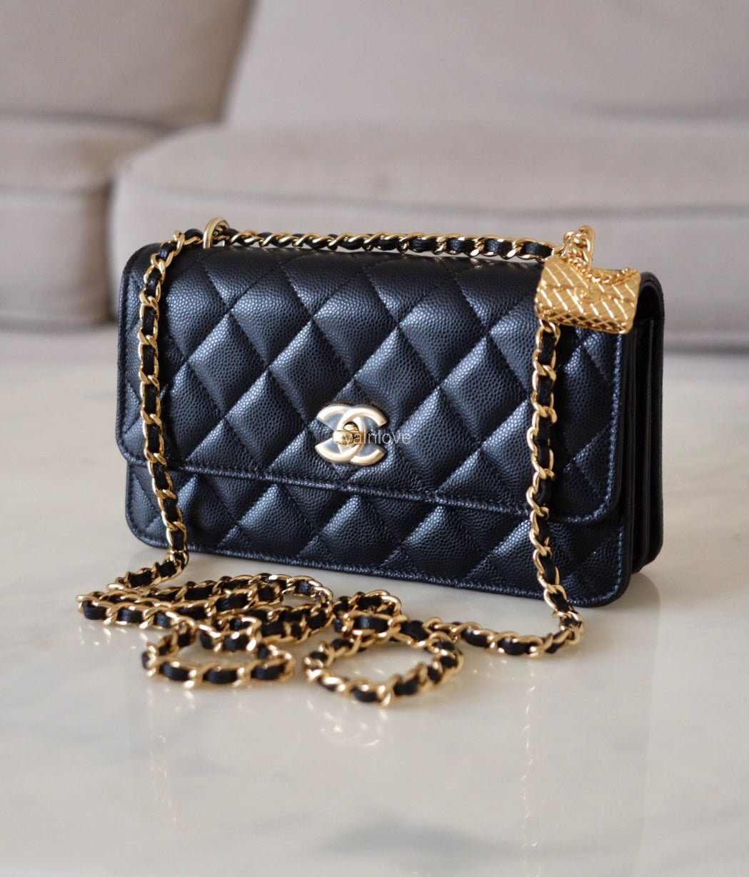 CHANEL 23S Black Caviar Wallet on Chain with Bag Charm Gold Hardware