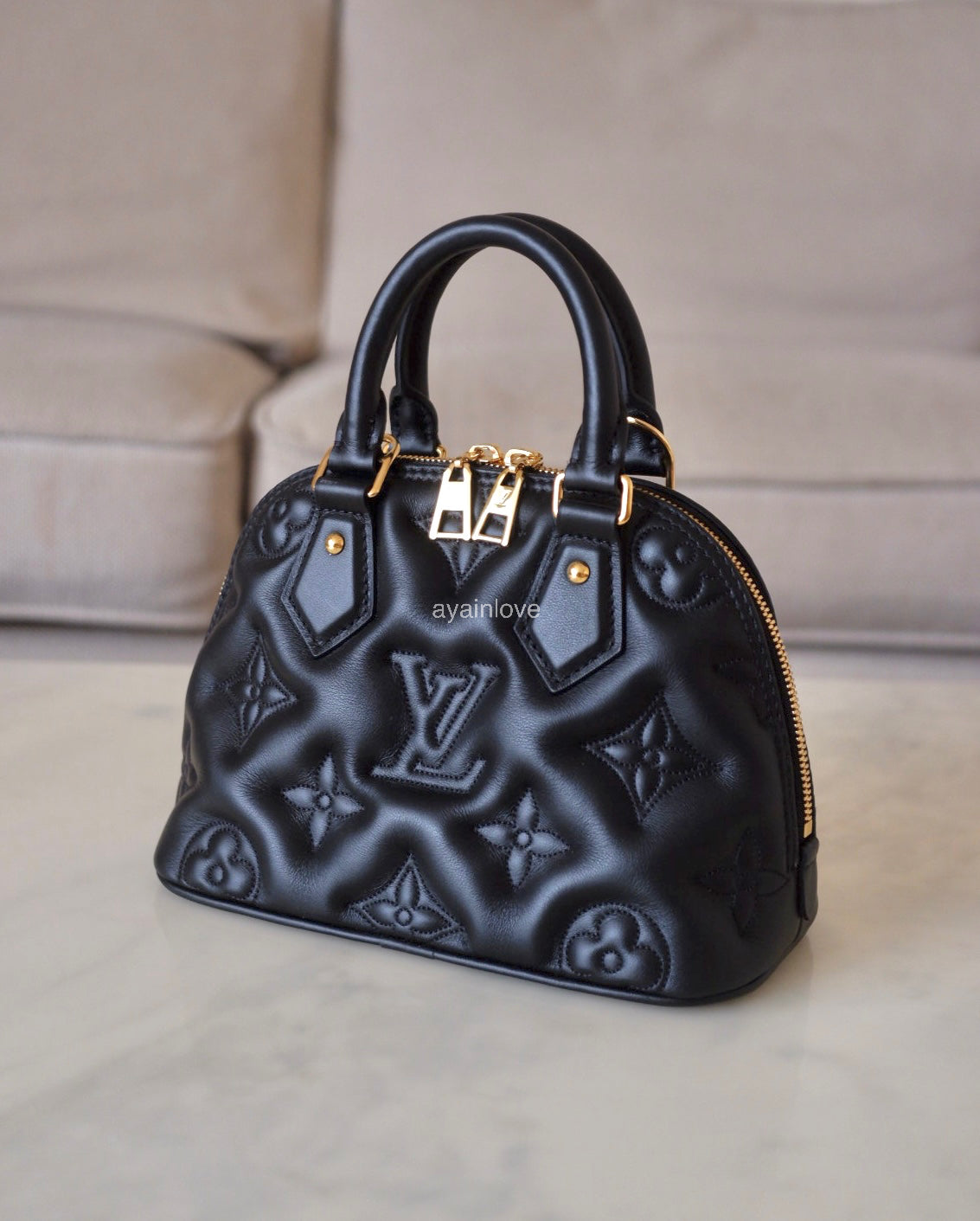 LOUIS VUITTON LV Alma BB Black Calfskin Bubblegram Bag Gold Hardware