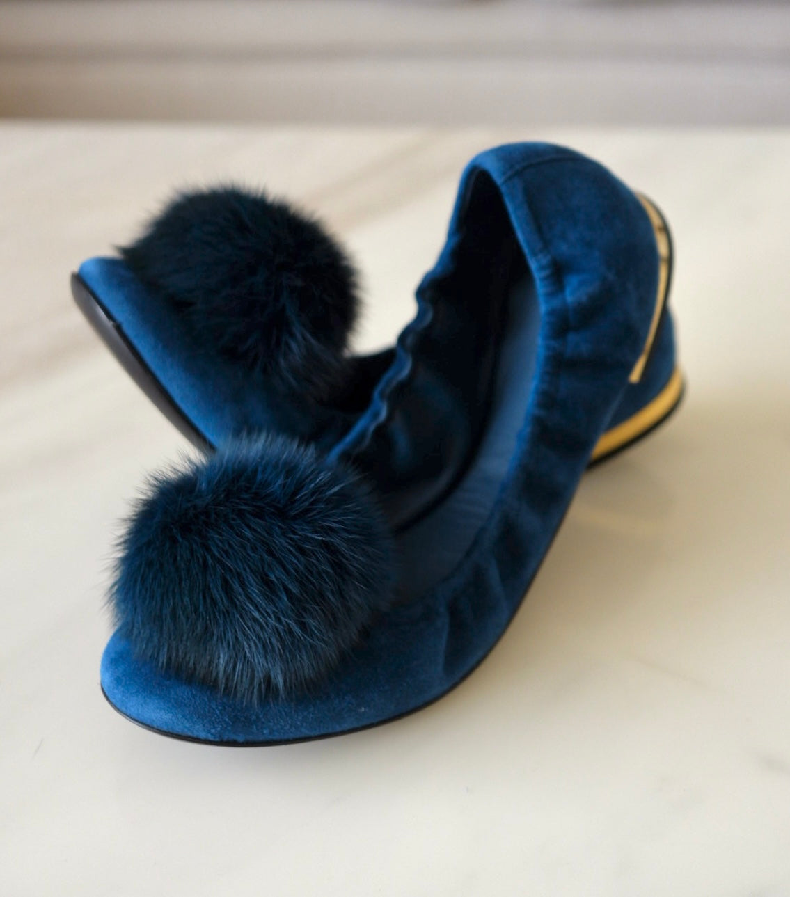 LOUIS VUITTON Blue Pompom Velvet Calfskin Flirty Ballet Flat Sz 38