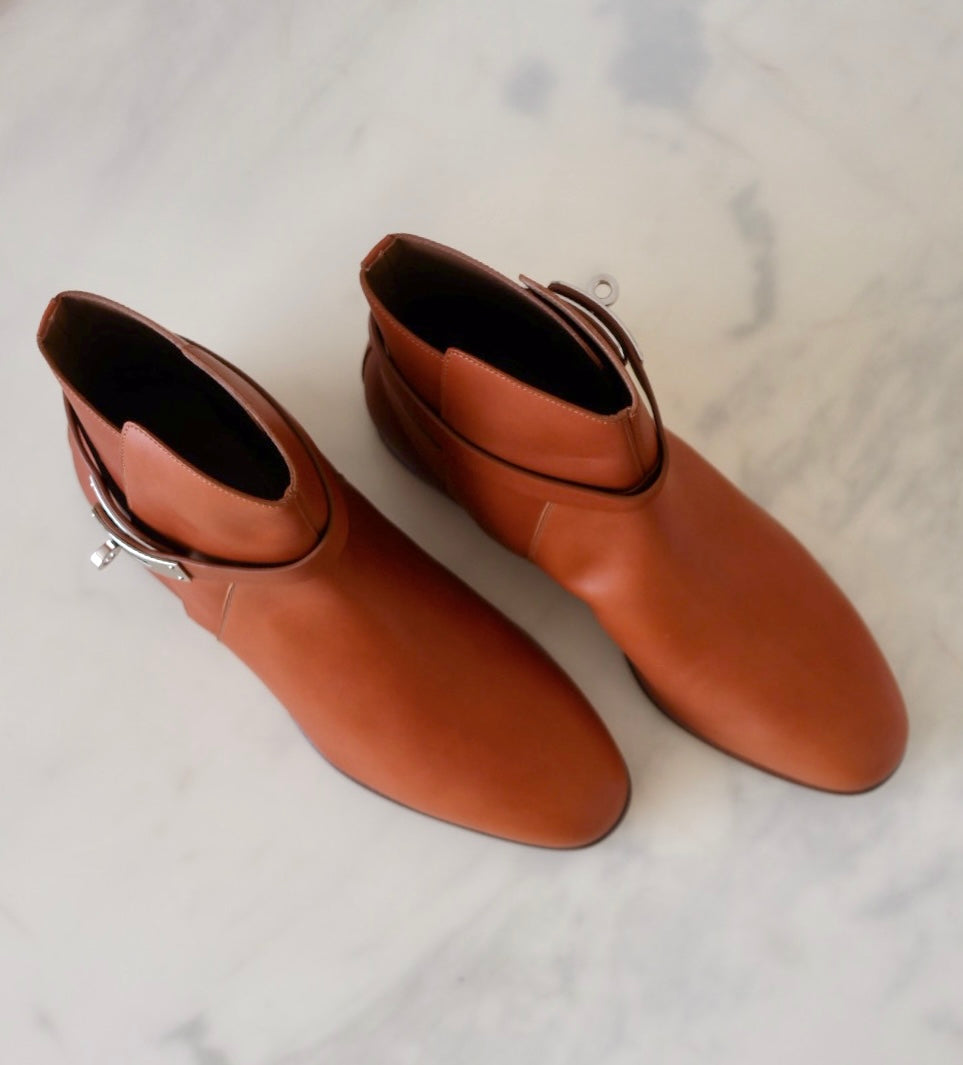 HERMES Naturel Brown Calfskin Neo Ankle Kelly Boots Shoes Palladium Hardware Size 39