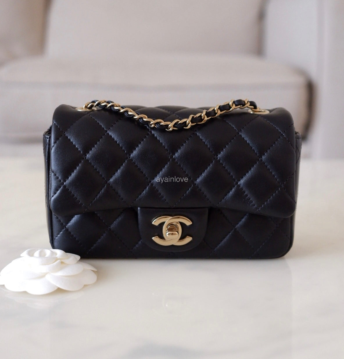 CHANEL 24K Black Lambskin Classic Rectangular Extra Mini 18cm Flap Light Gold Hardware