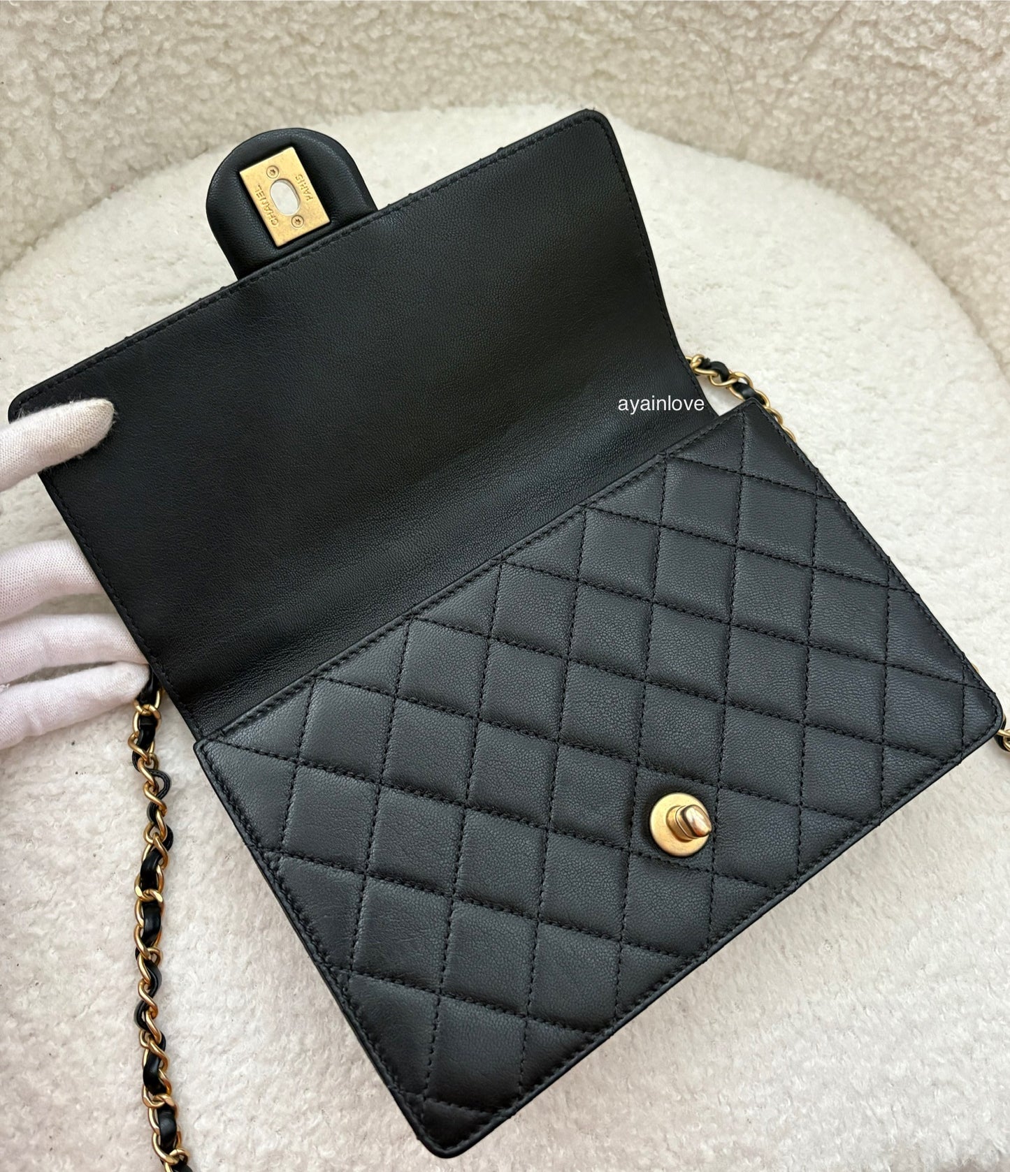 CHANEL 19S Chic Pearl Black Goatskin Flap Bag Gold Hardware