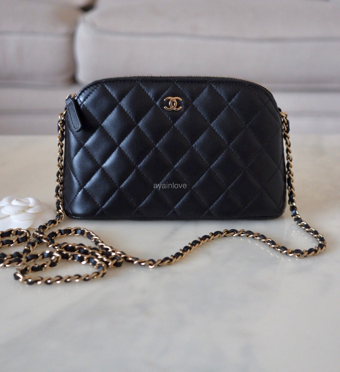 CHANEL Small Black Lambskin Zip Clutch on Chain Camera Bag Light Gold Hardware