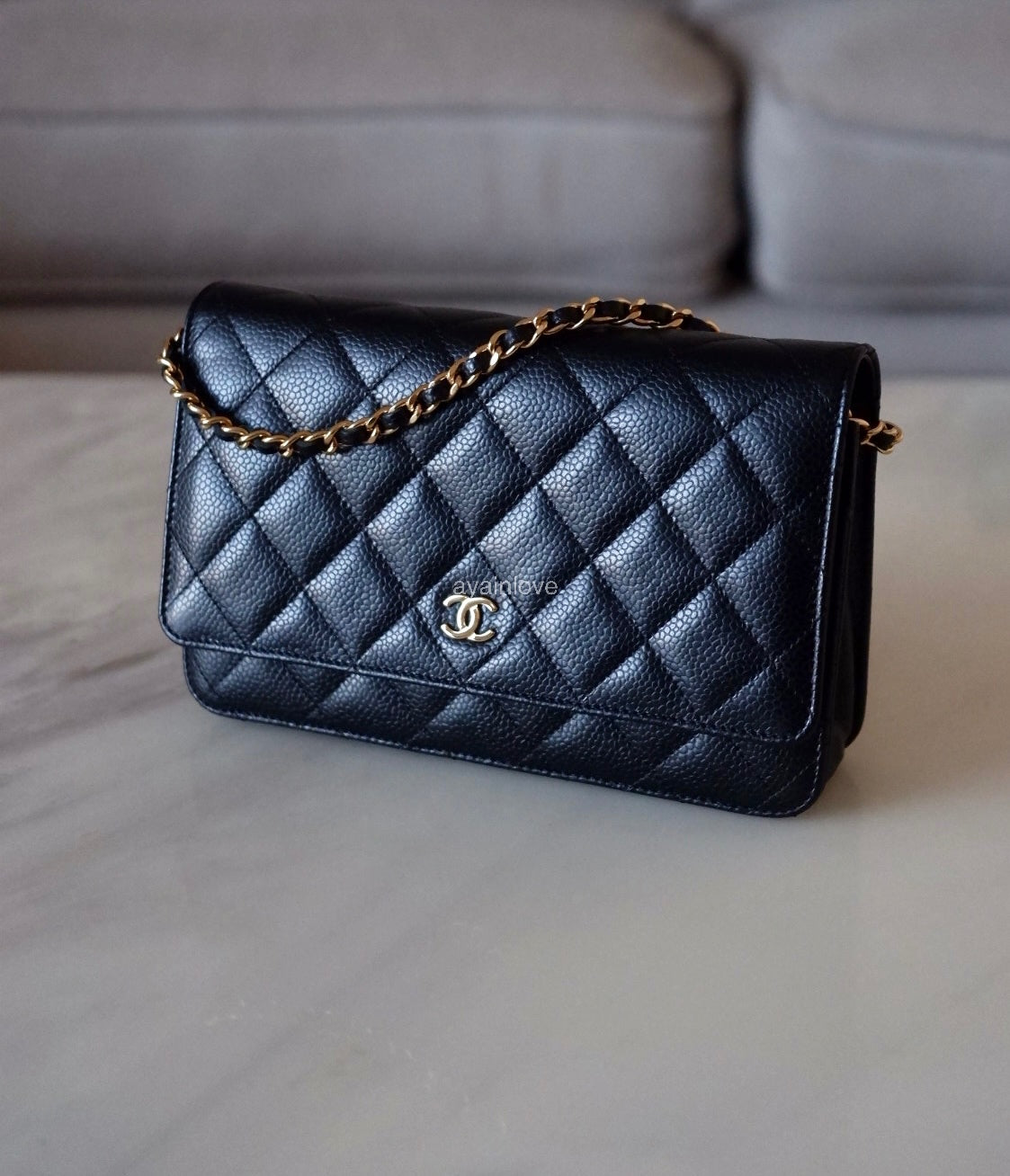 CHANEL Black Caviar Microchipped Classic Wallet On Chain Gold Hardware