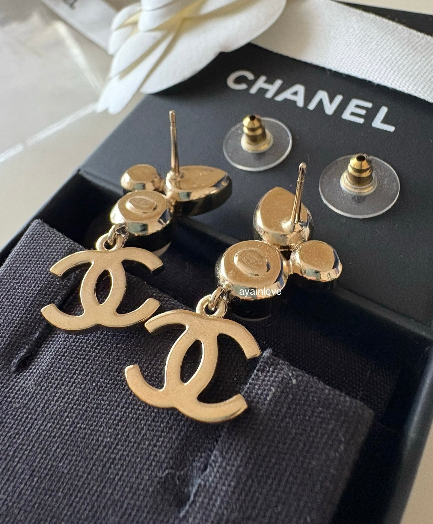 CHANEL 22C CC Crystal Drop Earrings Light Gold Hardware
