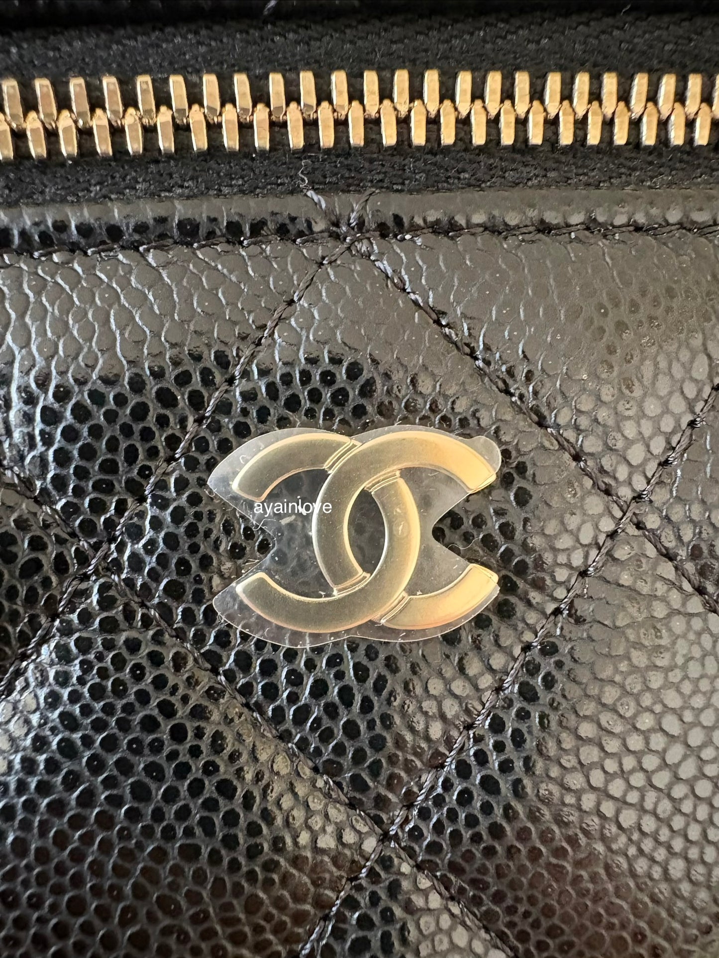 CHANEL Black Caviar Top Handle Flat Vanity on Chain Light Gold Hardware