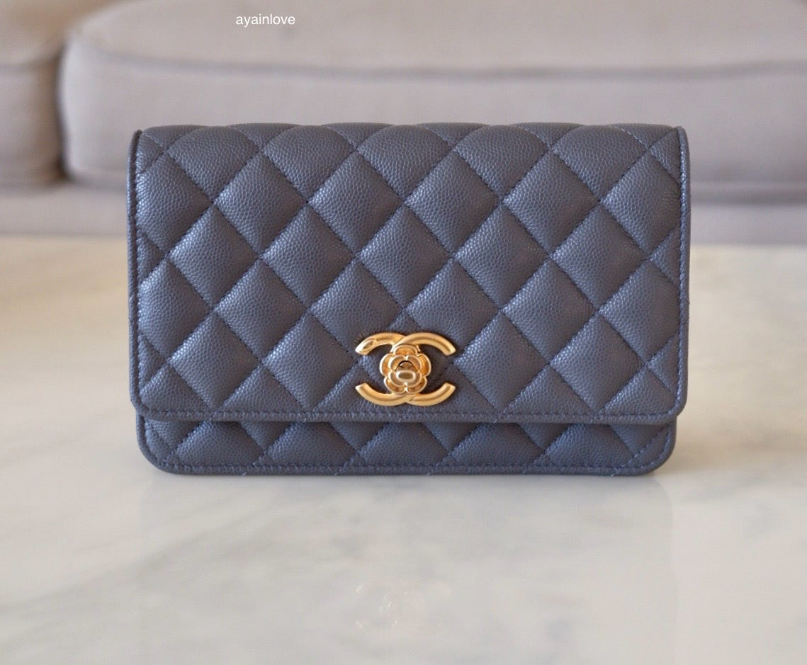 CHANEL 23K Dark Grey Caviar Camellia CC Wallet On Chain *Microchipped* Brushed Gold Hardware
