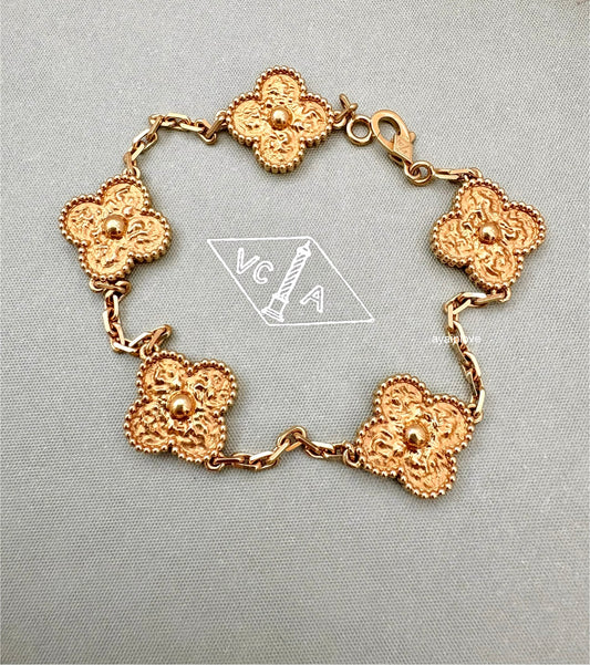 Van Cleef Arpels VCA 5 Motifs Bracelet Hammered 18KT Yellow Gold Vintage Alhambra