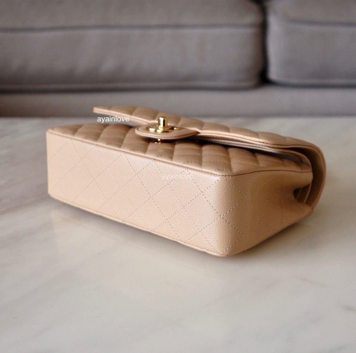 CHANEL Beige Clair Caviar Small Classic Flap Bag Gold Hardware