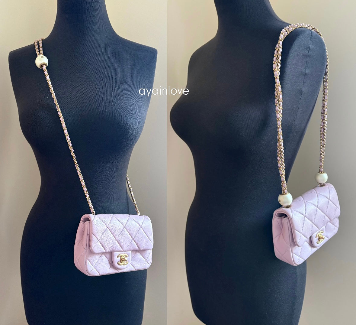CHANEL 24S Pink Lambskin Twin Pearls Quilted Mini Flap Bag Adjustable Gold Hardware