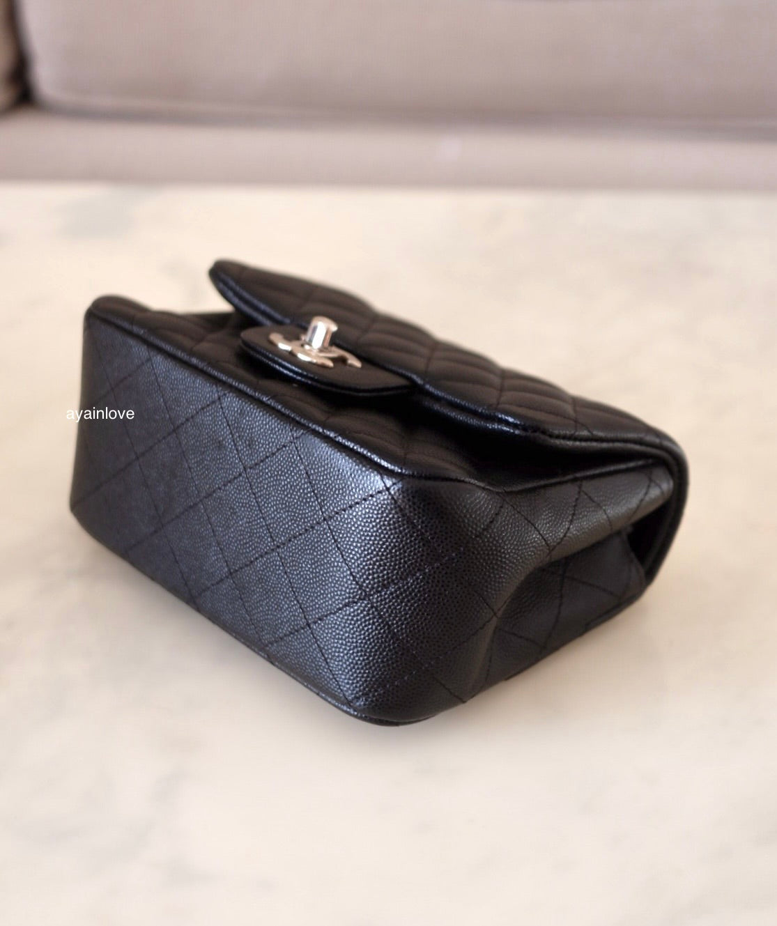 CHANEL 17B Black Caviar (Burgundy Interior) Quilted Square Mini Flap Bag Silver Hardware
