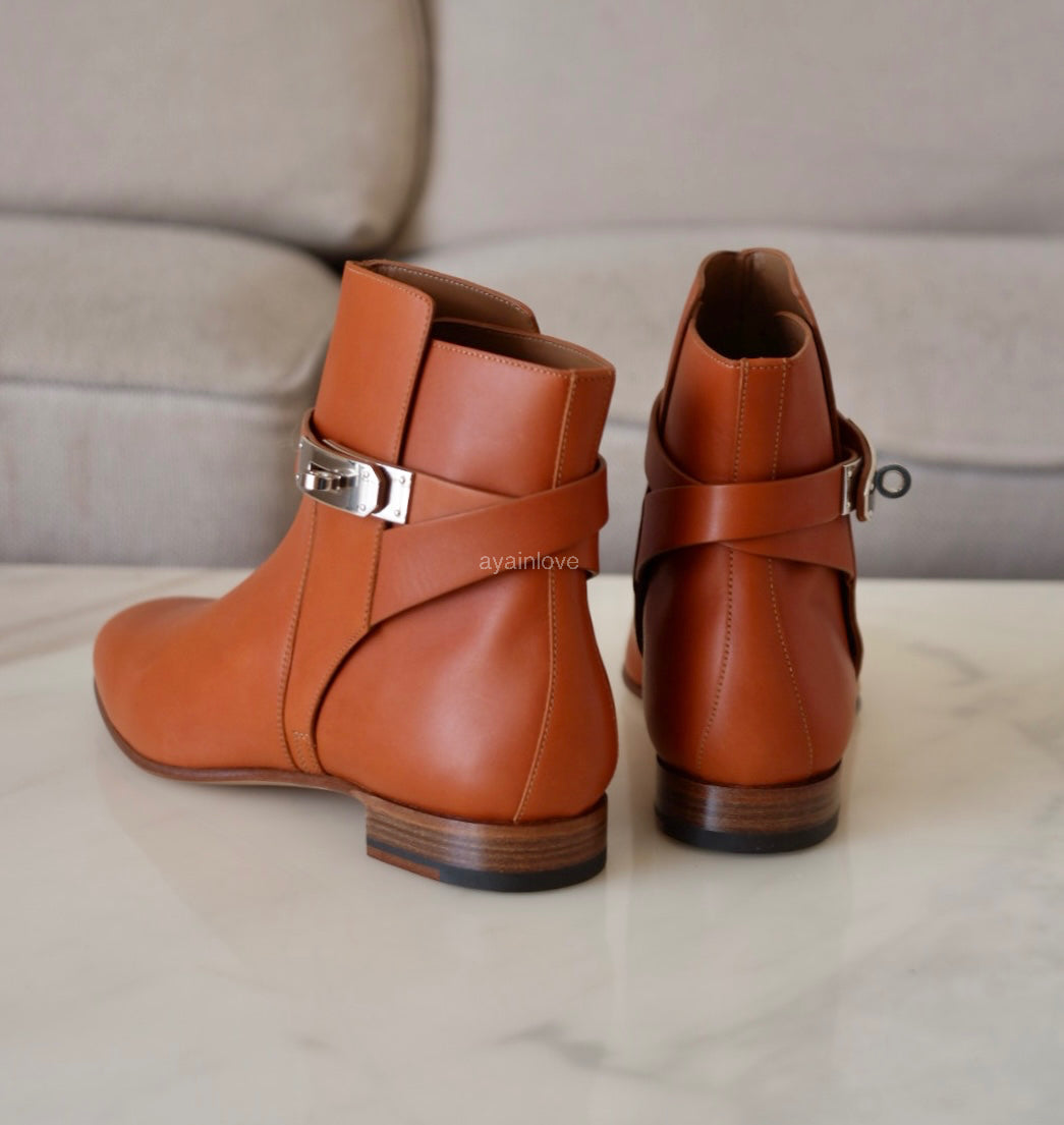 HERMES Naturel Brown Calfskin Neo Ankle Kelly Boots Shoes Palladium Hardware Size 39