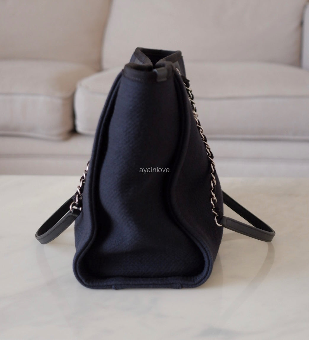 CHANEL Midnight Navy Blue Canvas Small Medium Deauville Microchipped Tote Bag Silver Hardware