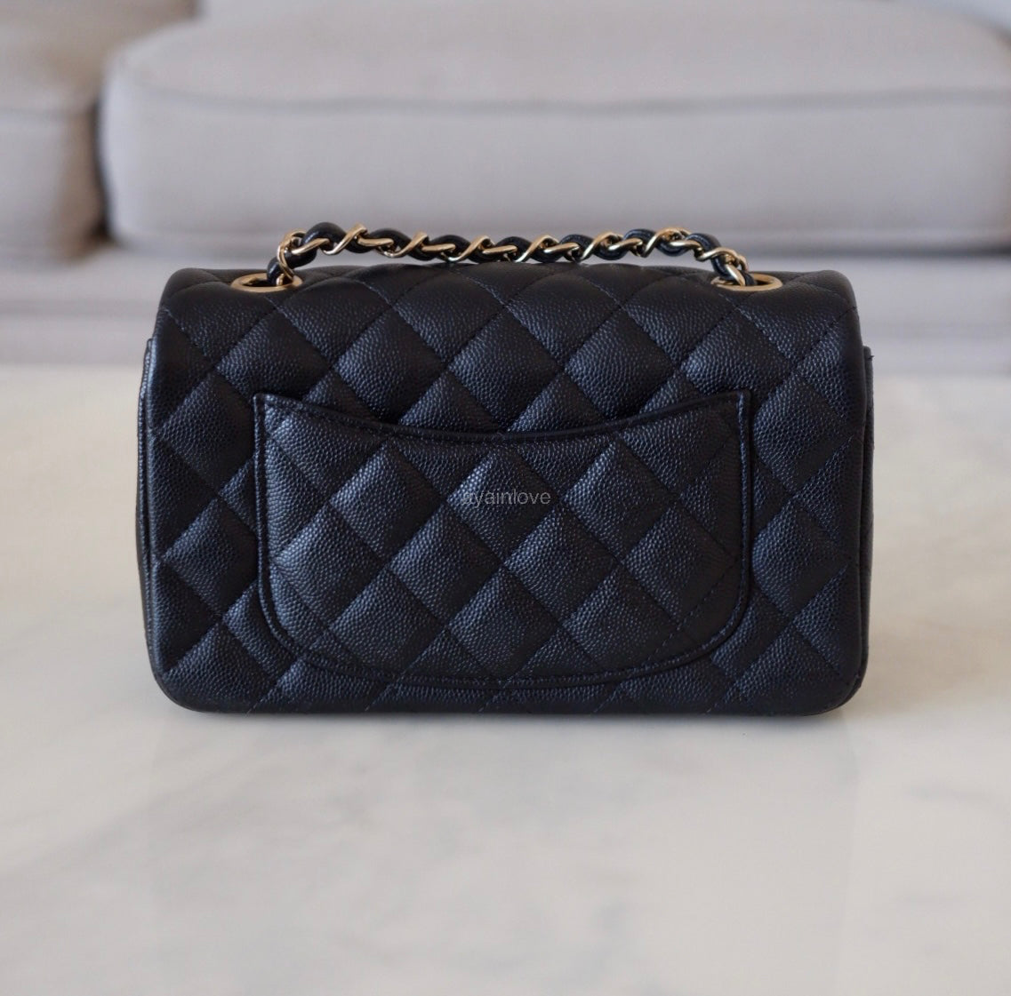 CHANEL 18B Black Caviar Quilted Rectangular Mini Flap Bag Light Gold Hardware