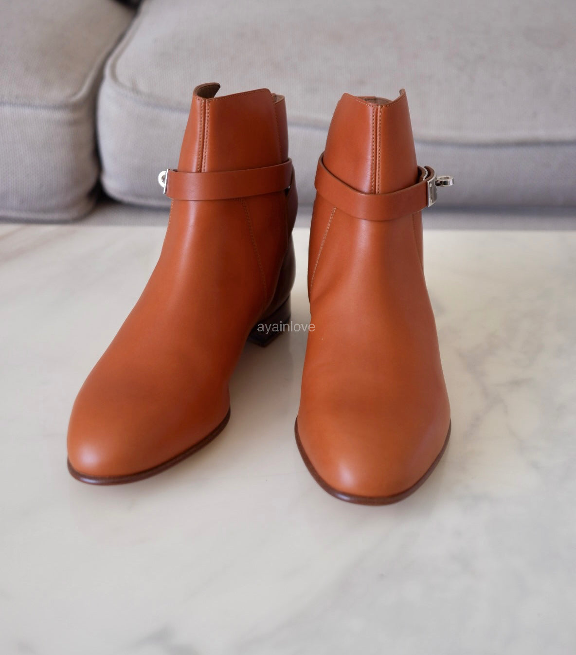 HERMES Naturel Brown Calfskin Neo Ankle Kelly Boots Shoes Palladium Hardware Size 39