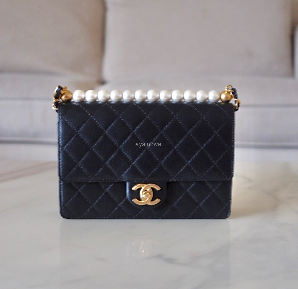 CHANEL 19S Chic Pearl Black Goatskin Flap Bag Gold Hardware