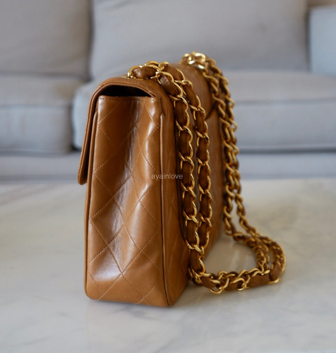 CHANEL Vintage Dark Beige Quilted Jumbo Classic Single Flap Oversized CC Bag 24KT Gold Plated Hardware Series 3