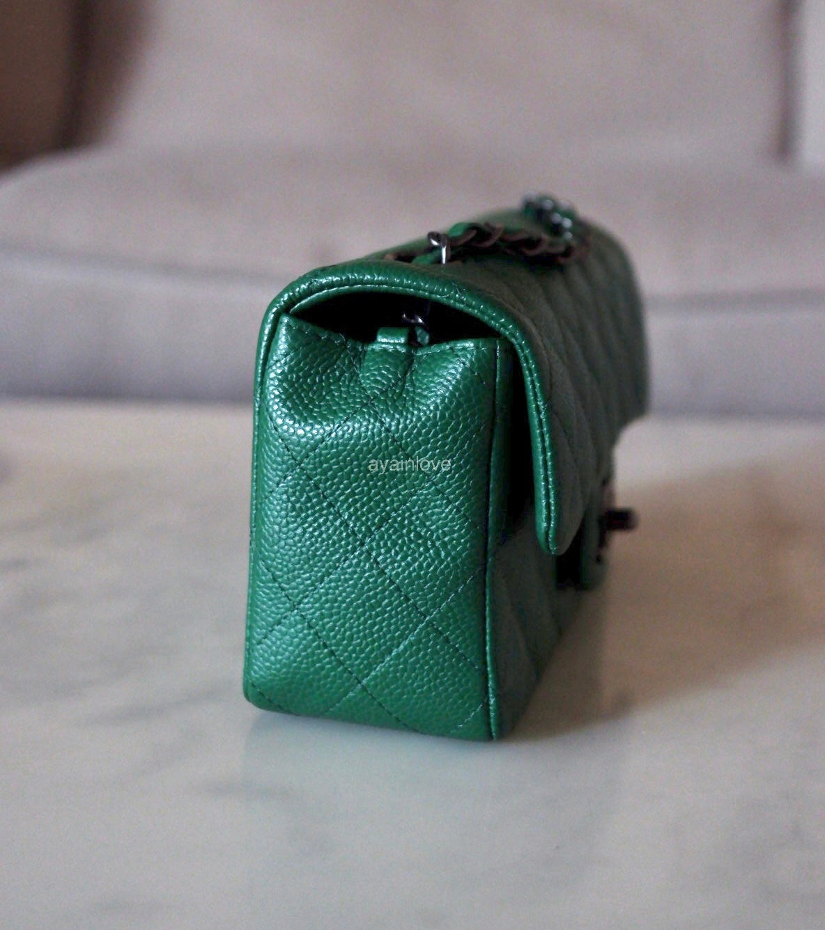 CHANEL Green Caviar Classic Quilted Rectangular Mini Flap Bag Ruthenium Hardware