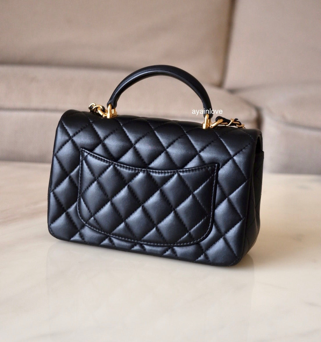 CHANEL Black Lambskin Top Handle Rectangular Mini Gold Hardware