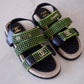 CHANEL Dad Sandals Black Green Houndstooth CC Gold Hardware Size 41