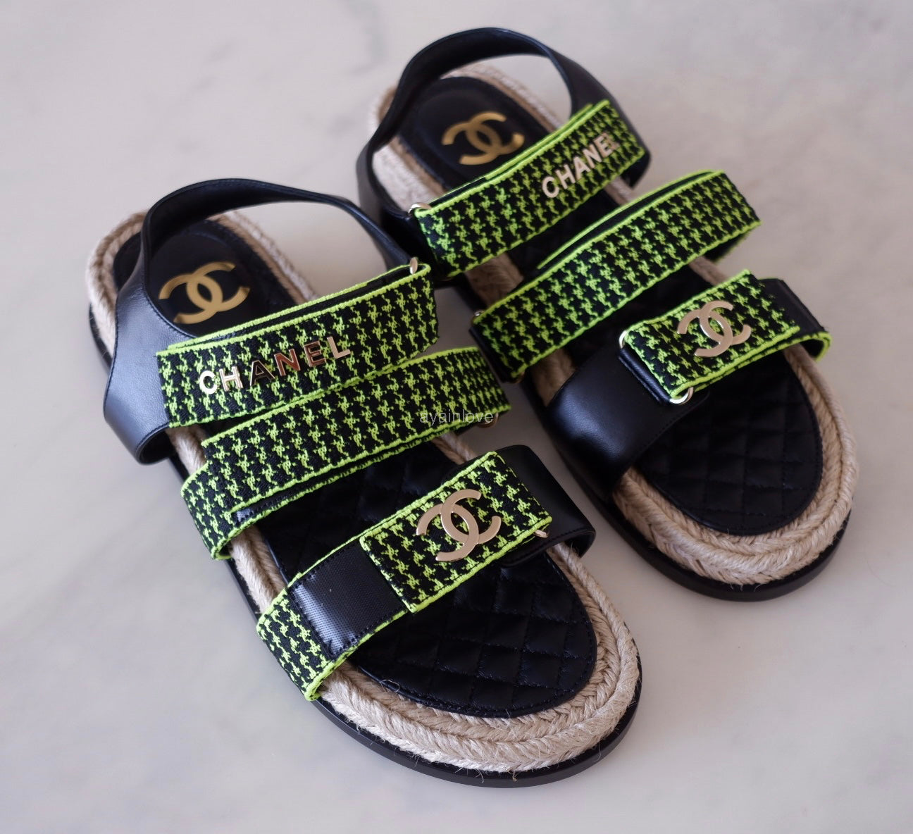 CHANEL Dad Sandals Black Green Houndstooth CC Gold Hardware Size 41