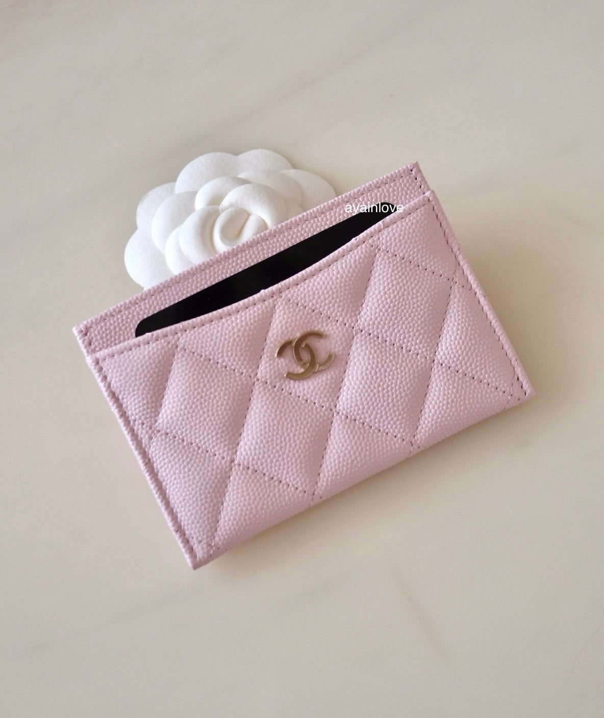 CHANEL 22P Light Pink Rose Clair Caviar Flat Card Holder Light Gold Hardware