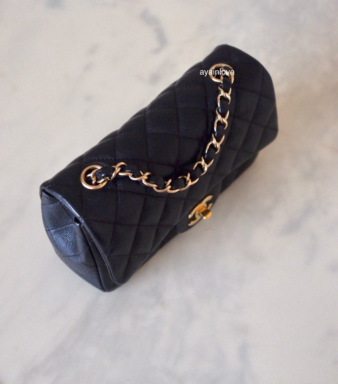 CHANEL 18B Black Caviar Quilted Rectangular Mini Flap Bag Light Gold Hardware