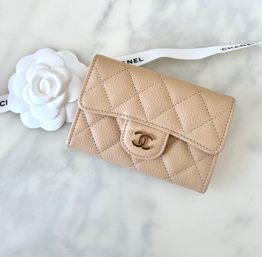 CHANEL Classic Beige Clair Caviar Small Snap Card Holder Gold Hardware