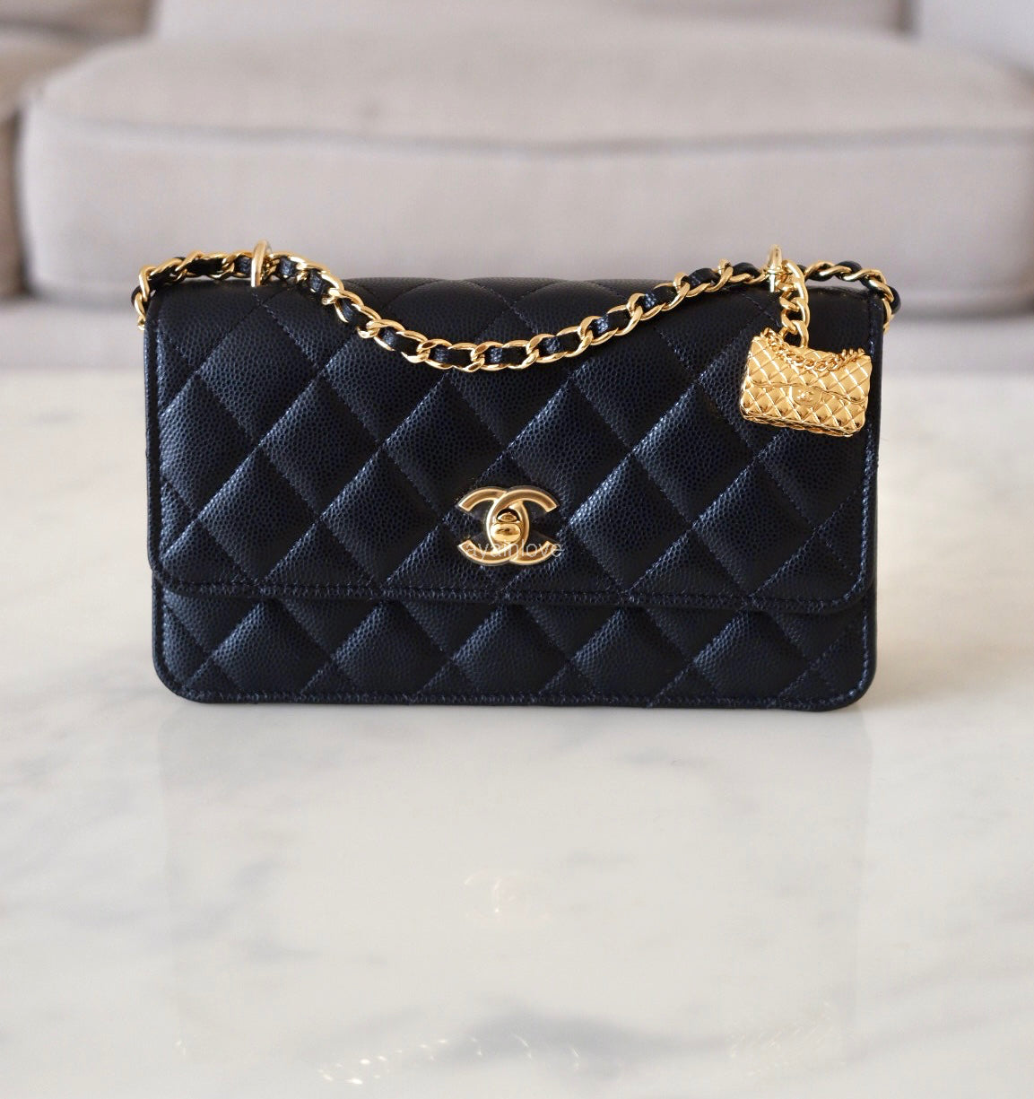CHANEL 23S Black Caviar Wallet on Chain with Bag Charm Gold Hardware