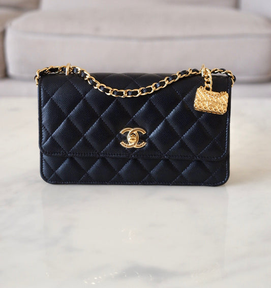 CHANEL 23S Black Caviar Wallet on Chain with Bag Charm Gold Hardware