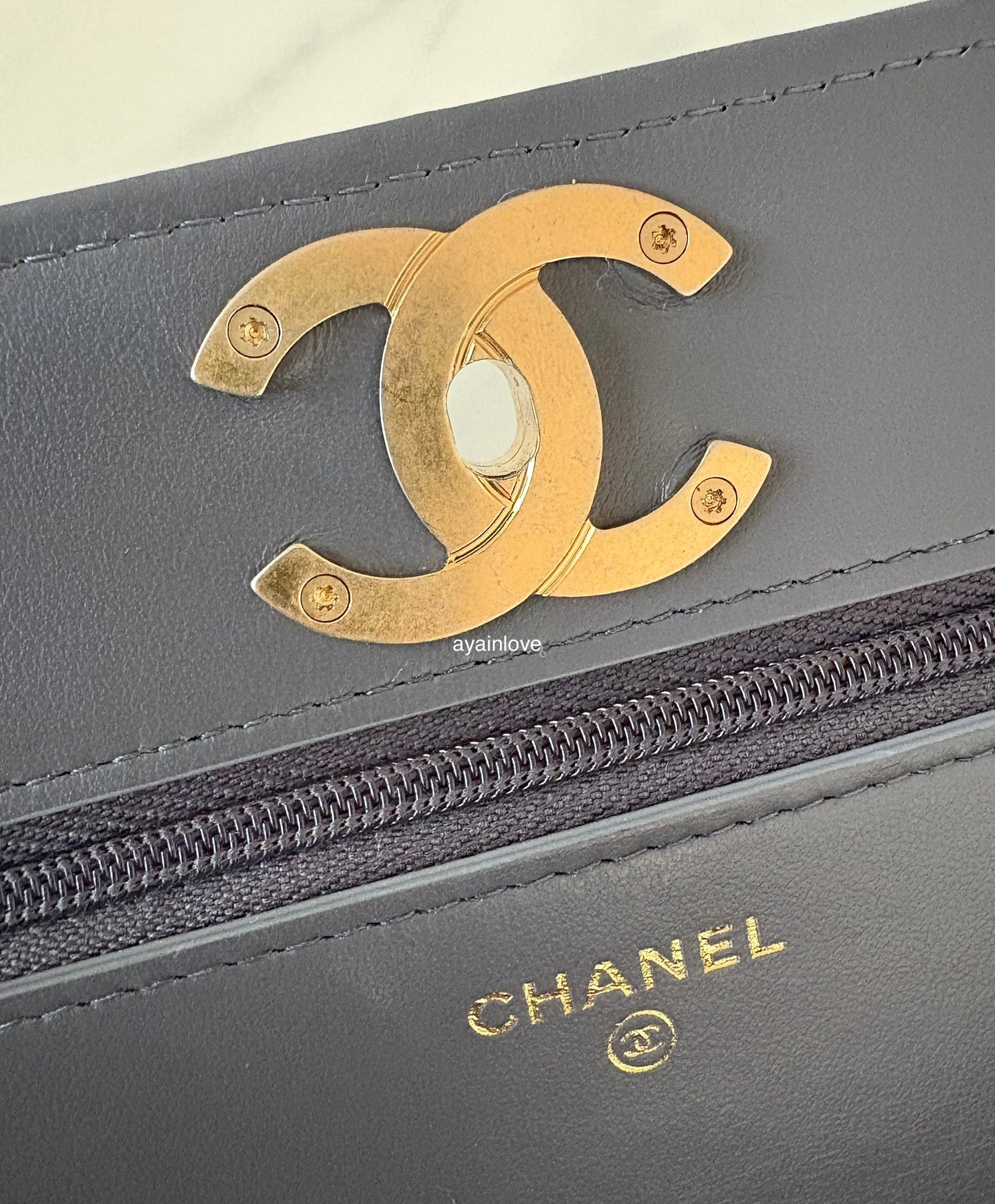 CHANEL 23K Dark Grey Caviar Camellia CC Wallet On Chain *Microchipped* Brushed Gold Hardware