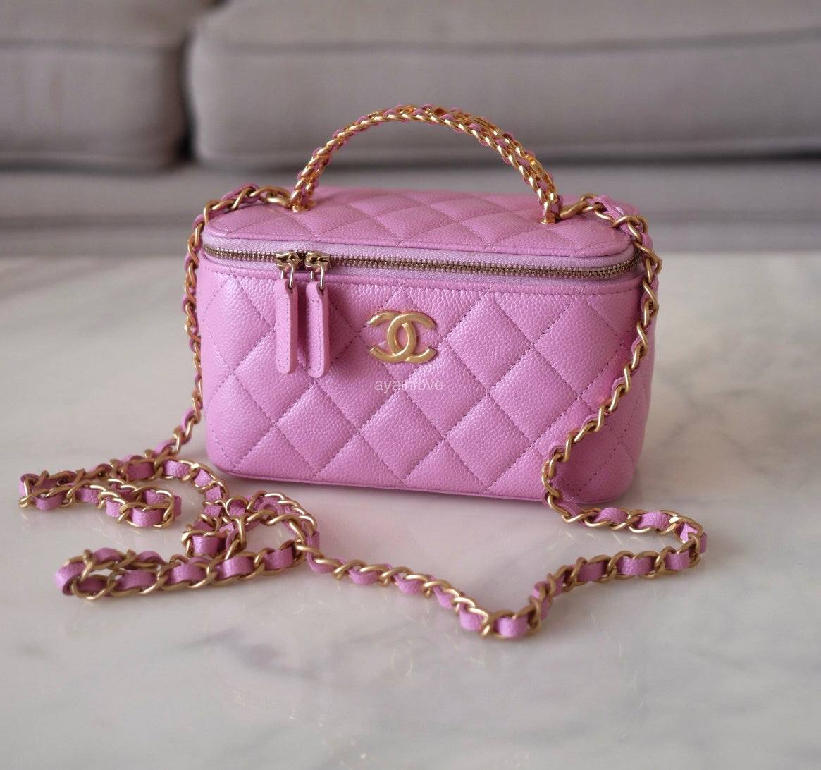 CHANEL 22S Pick Me Up Pink Caviar Top Handle Vanity Brushed Gold Hardware
