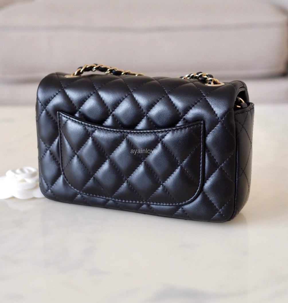 CHANEL 24K Black Lambskin Classic Rectangular Extra Mini 18cm Flap Light Gold Hardware