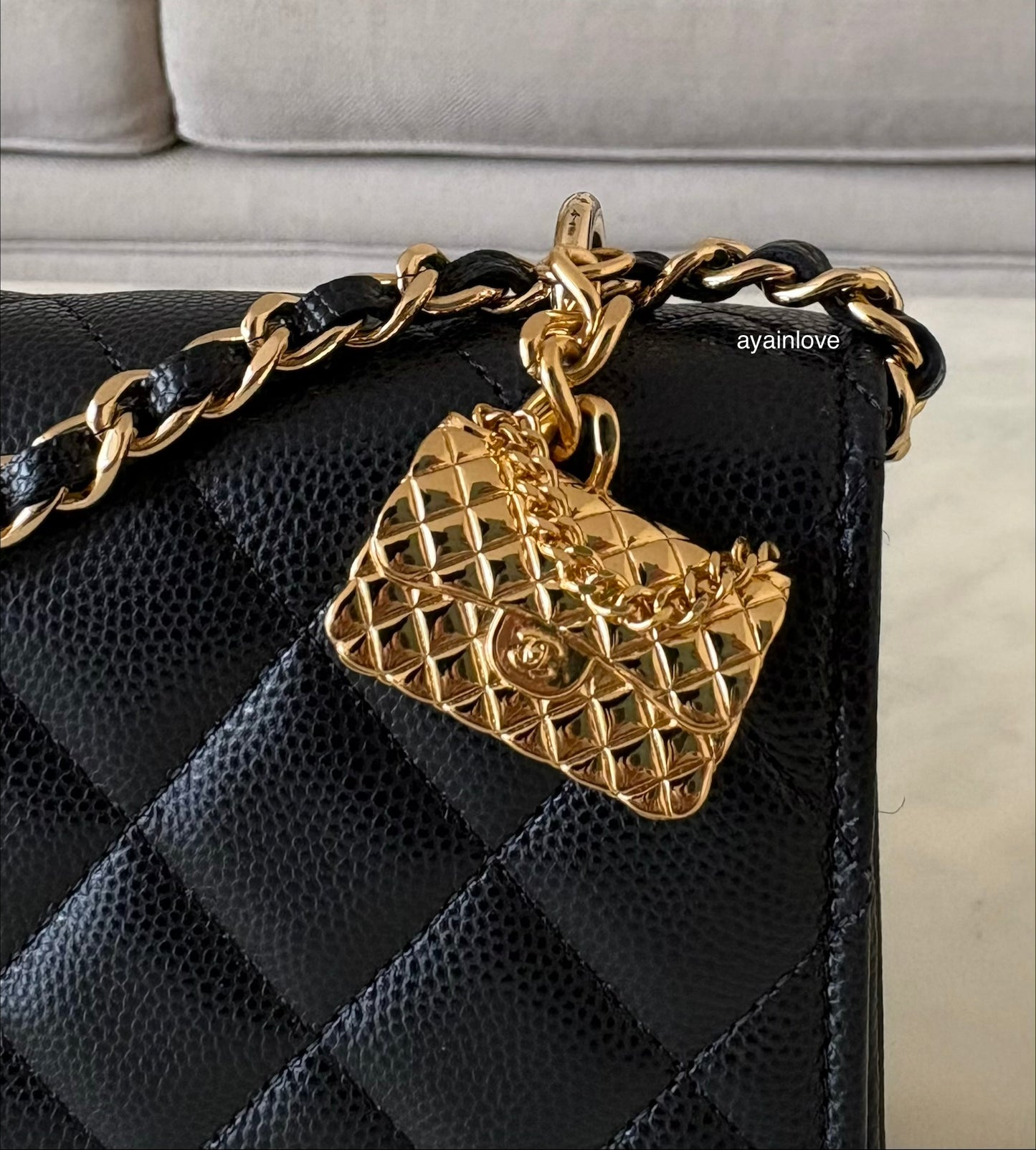 CHANEL 23S Black Caviar Wallet on Chain with Bag Charm Gold Hardware