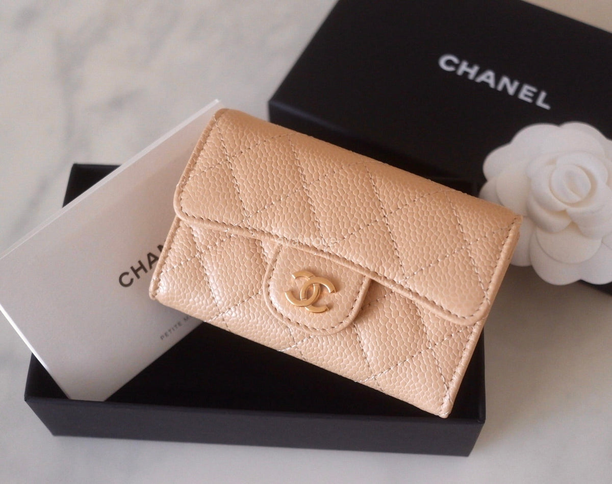 CHANEL Classic Beige Clair Caviar Small Snap Card Holder Gold Hardware